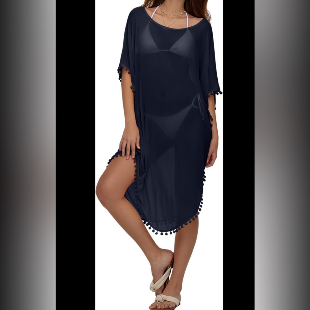 Dark Blue Womens Crochet Swimsuit Cover Up Half Batwing Sleeve Side Split
